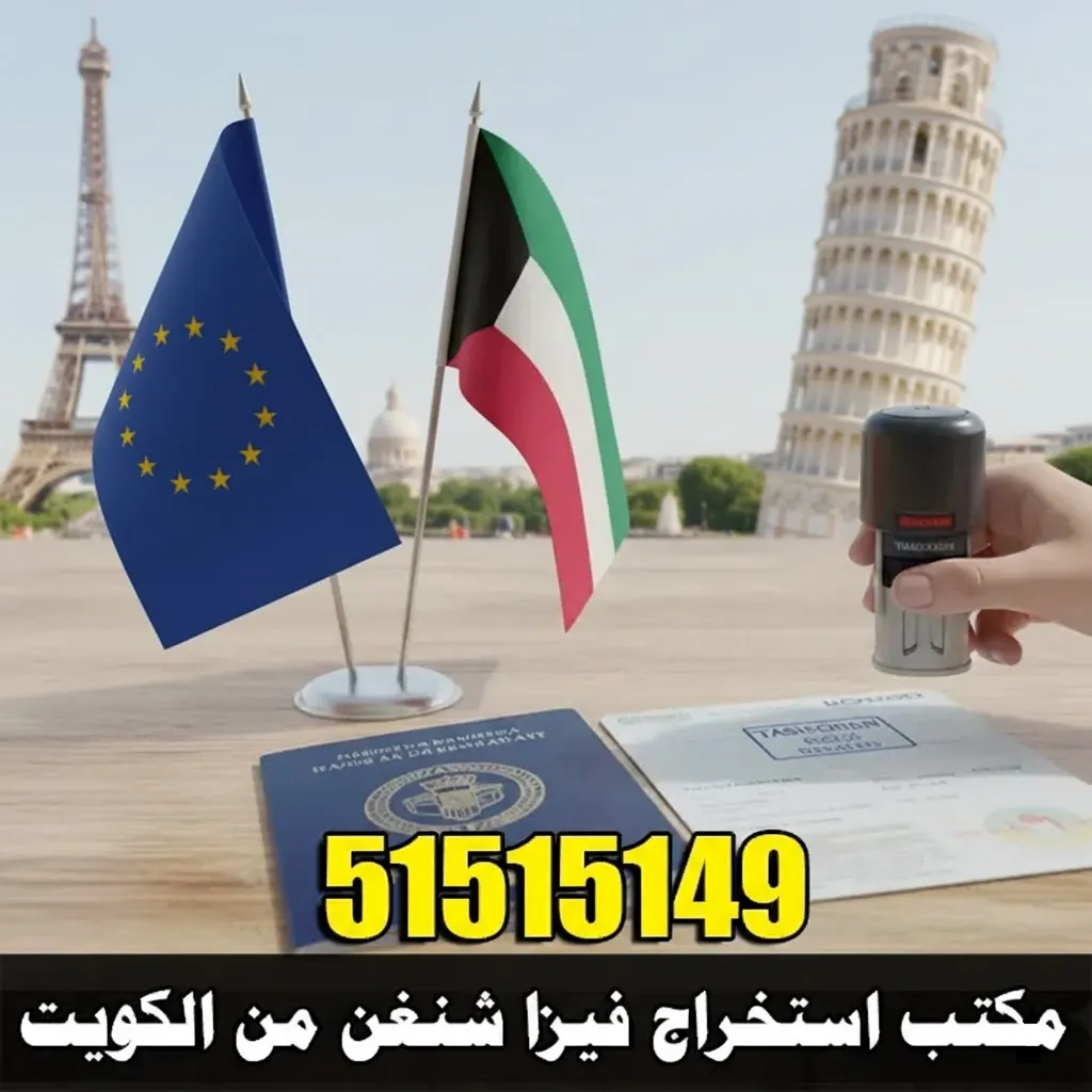 صورة إعلانية لمكتب استخراج فيزا شنغن من الكويت. تظهر أعلام الشنغن والكويت، مع برج إيفل وبرج بيزا في الخلفية. يد تختم جواز سفر ووثيقة تأشيرة. يوجد رقم هاتف &Quot;51515149&Quot; ونص &Quot;مكتب استخراج فيزا شنغن من الكويت