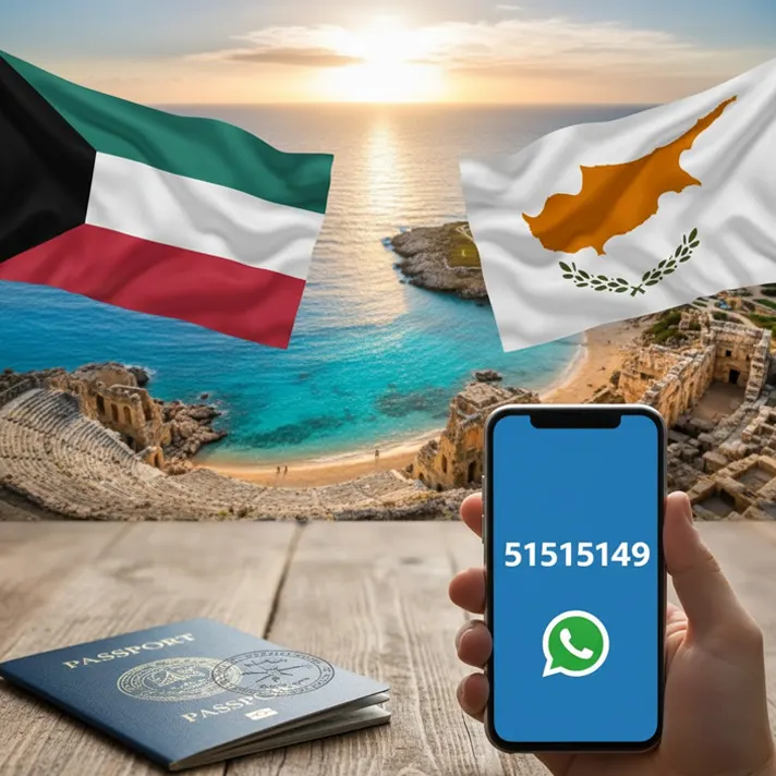 استخراج فيزا قبرص من الكويت مع رقم التواصل 51515149 وصورة تجمع علم الكويت وعلم قبرص مع جواز سفر وخدمة واتساب